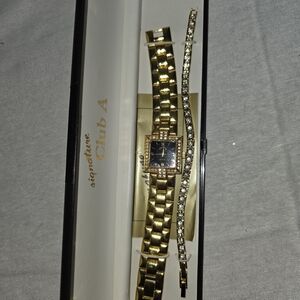 Signature Club A Gold Women's Watch and Bracelet Set